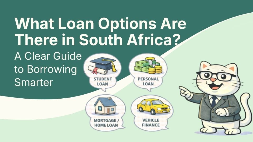 Flat vector illustration of cat learning about loan options in south africa.