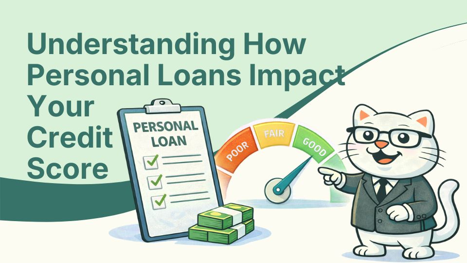 Flat vector illustration of cat understanding how personal loans impact credit score in south africa.