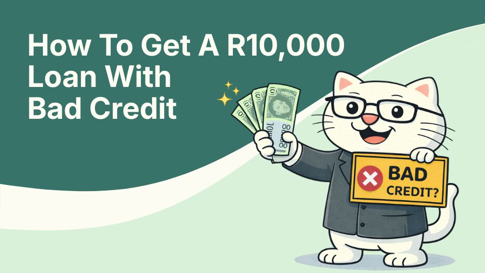 Flat vector illustration of cat holding r10,000 loan with bad credit in south africa.