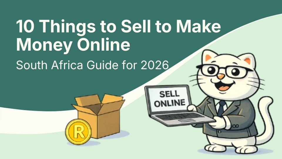 Flat vector illustration of cat looking at things to sell to make money online in south africa.