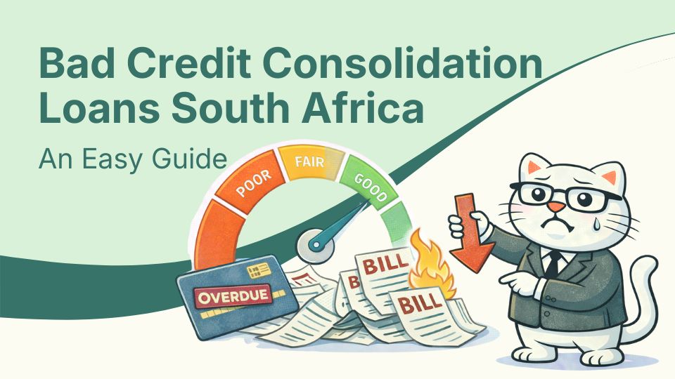 Flat vector illustration of cat looking for bad credit consolidation loans in south africa.
