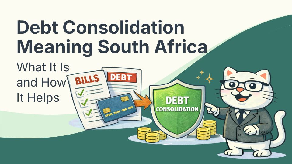 Flat vector illustration of cat finding out the meaning of debt consolidation in south africa.