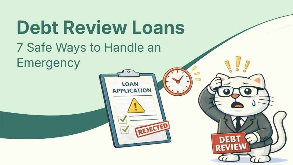 Flat vector illustration of cat needing an urgent loan while under debt review in south africa.