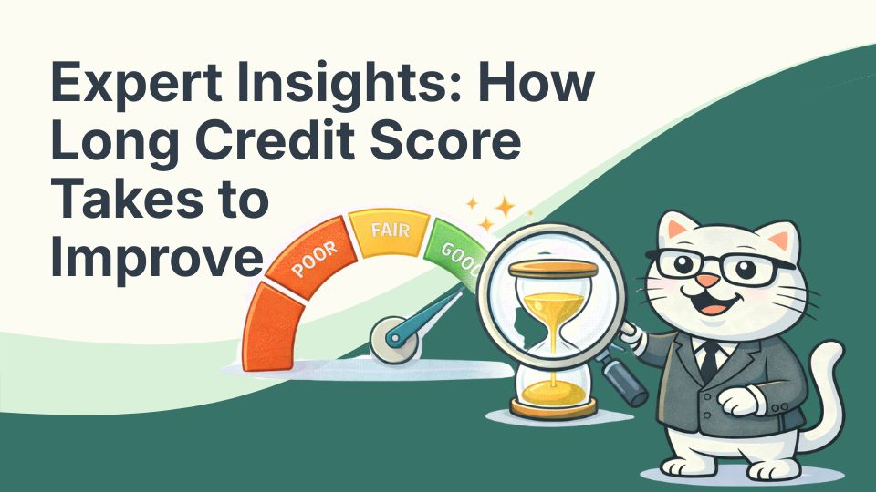 Flat vector illustration of cat giving guidance on how long it takes to improve your credit score in south africa.