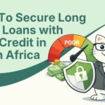 Flat vector image of cat holding shield and loan approval form for poor credit in south africa.