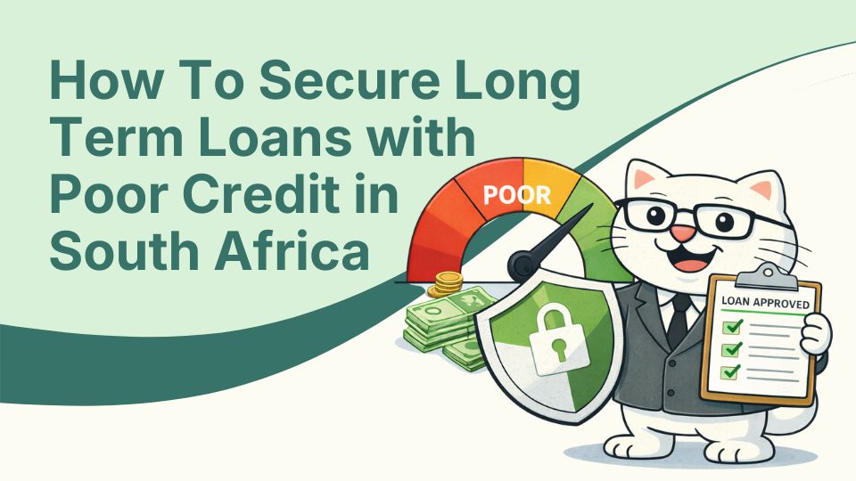 Flat vector illustration of cat holding a shield and loan approval form with poor credit in south africa.