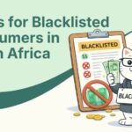Flat vector illustration of cat standing next to a loans for blacklisted consumer sign in south africa.