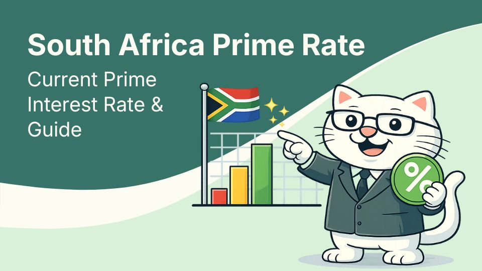 Flat vector illustration of cat holding a south africa prime rate chart and badge.