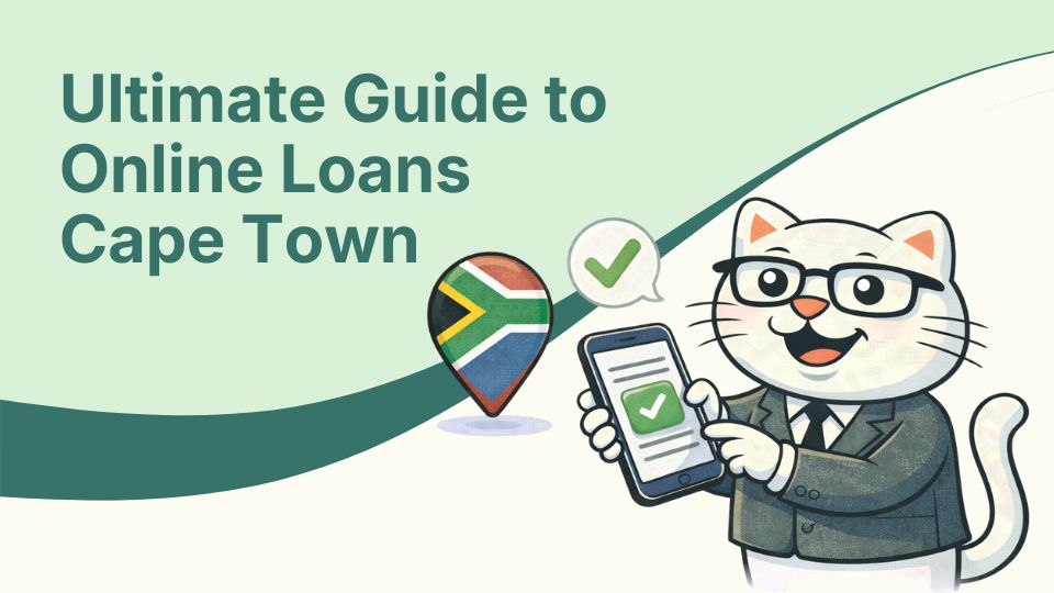 Flat vector illustration of cat holding a phone for online loans in cape town.