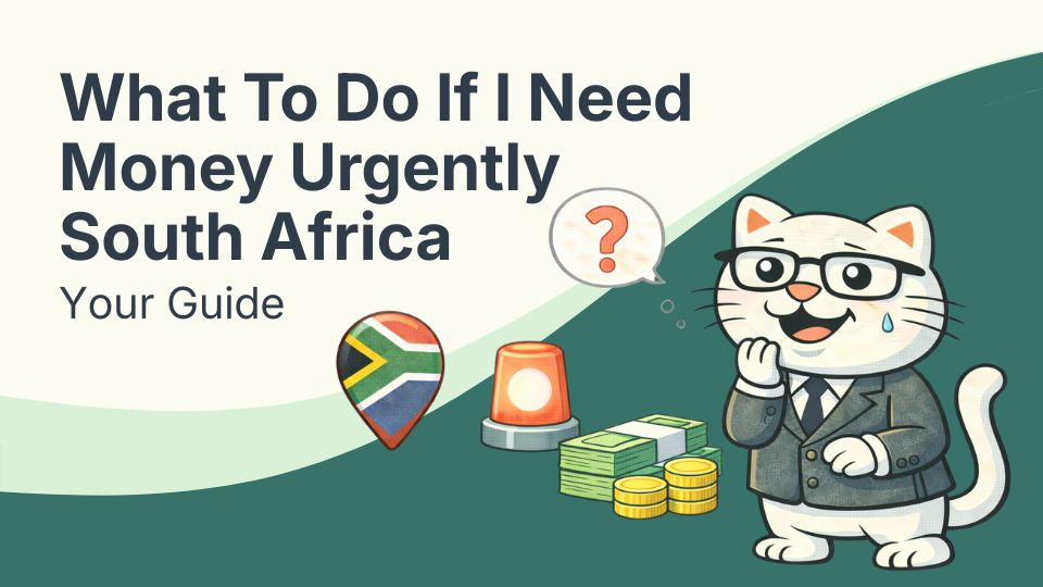 Flat vector illustration of cat wondering what to do if needing money urgently in south africa.