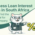 Flat vector illustration of cat standing next to business loan interest rates in south africa.