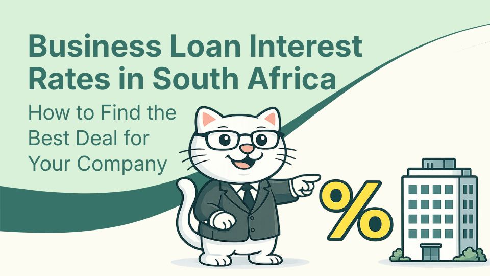 Flat vector illustration of cat standing next to business loan interest rates in south africa.