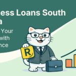 Flat vector illustration of cat holding a business loan in south africa.