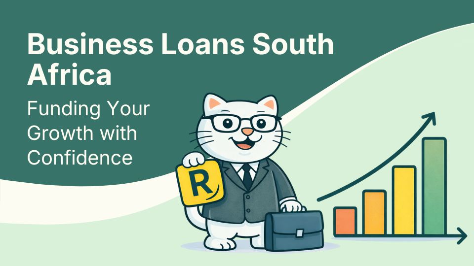Flat vector illustration of cat holding a business loan in south africa.