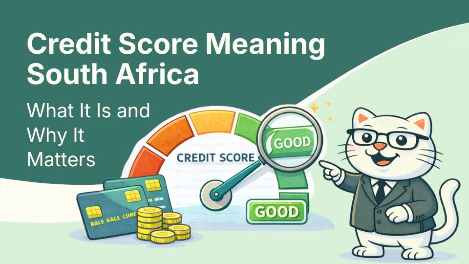 Flat vector illustration of cat learning about credit score meaning in south africa.