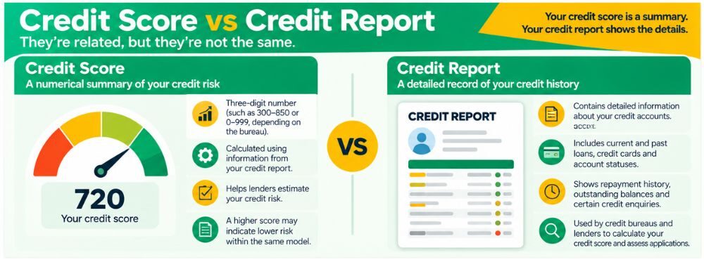 Difference between a credit score and credit report