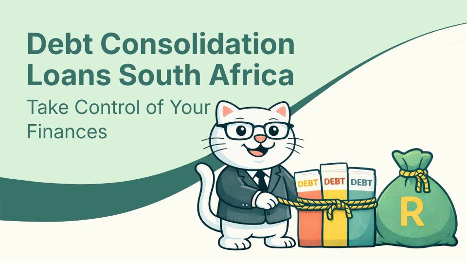 Flat vector illustration of cat standing next to debt consolidation loans in south africa.