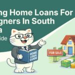 Flat vector illustration of cat looking for home loan for foreigners in south africa.