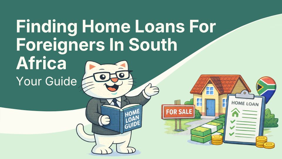 Flat vector illustration of cat looking for home loan for foreigners in south africa.