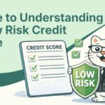Flat vector illustration of cat reading a guide to understand how a low risk credit score affects credit in south africa.
