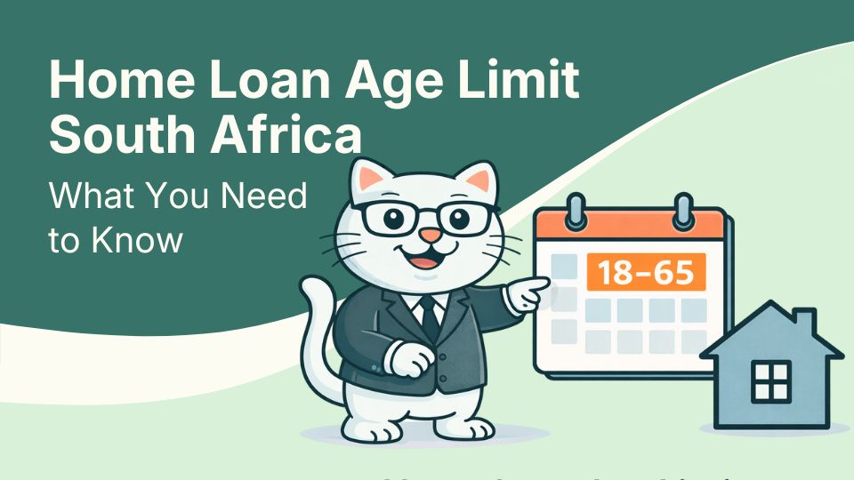 Flat vector illustration of cat standing next to a calendar and house for home loan age limit in south africa.