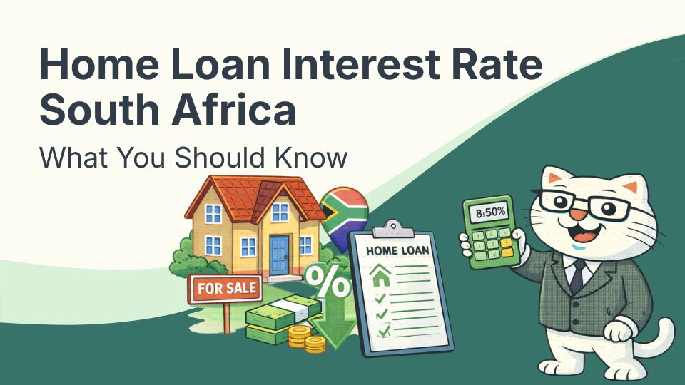 Flat vector illustration of cat looking for best home loan interest rate in south africa.