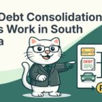 How Debt Consolidation Loans Work in South Africa - Flat vector illustration of cat learning how debt consolidation work in south africa.