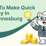 Flat vector illustration of cat thinking of how to make quick money in south africa.