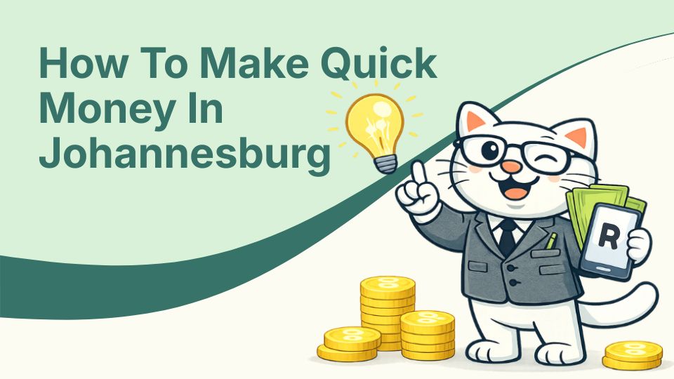 Flat vector illustration of cat thinking of how to make quick money in south africa.