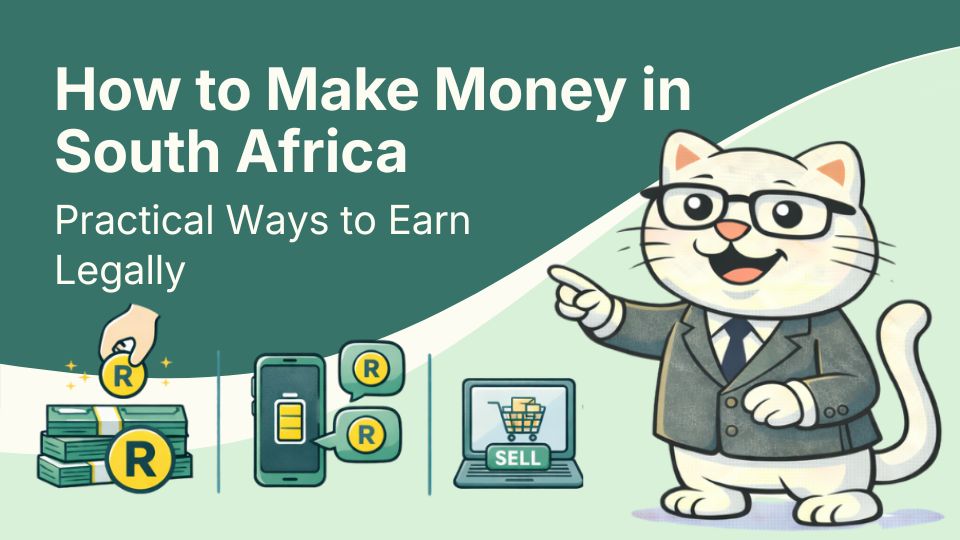 Flat vector illustration of cat learning ways to make money in south africa.