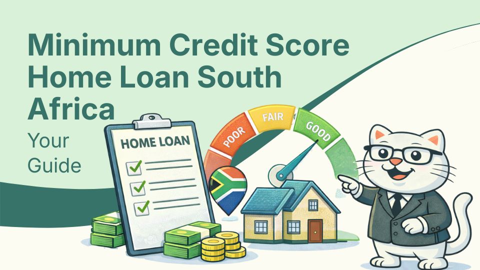 Flat vector illustration of cat learning the minimum credit score needed for a home loan in south africa.