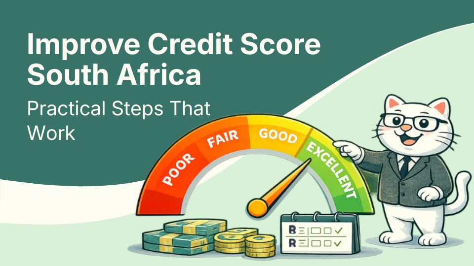 Flat vector illustration of cat learning how to improve credit score in south africa.