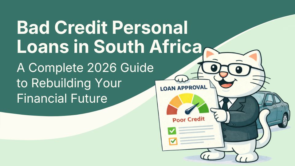 Flat vector illustration of cat holding a copy of bad credit personal loans in south africa.