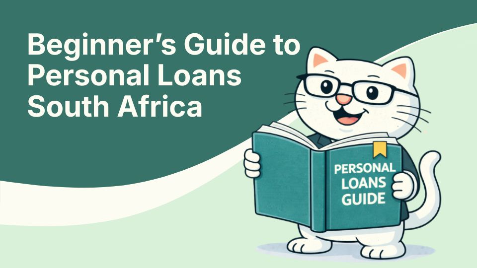Flat vector illustration of cat holding a beginner's guide to personal loans in south africa.