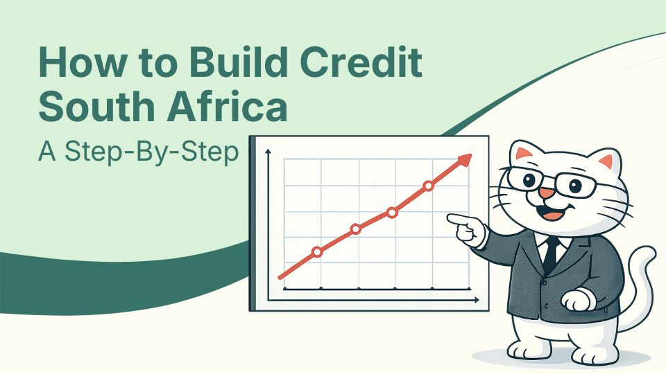 Flat vector illustration of cat showing improving credit in south africa.