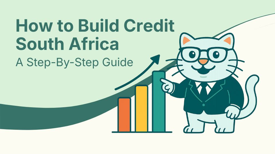 Flat vector illustration of cat showing improving credit in south africa.
