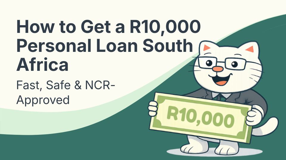 Flat vector illustration of cat holding a r10,000 note for a personal loan in south africa.