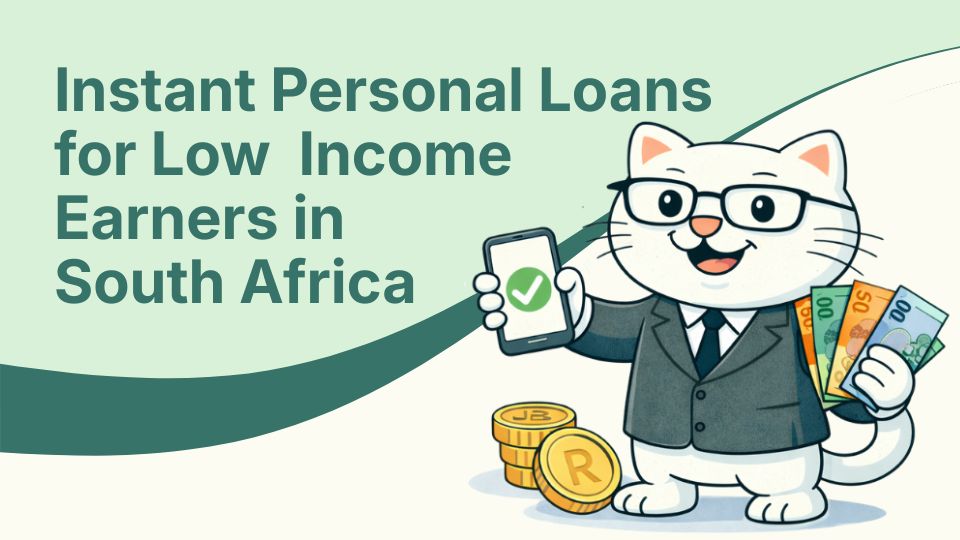 Flat vector illustration of cat holding an instant personal loan for low income earners in south africa.