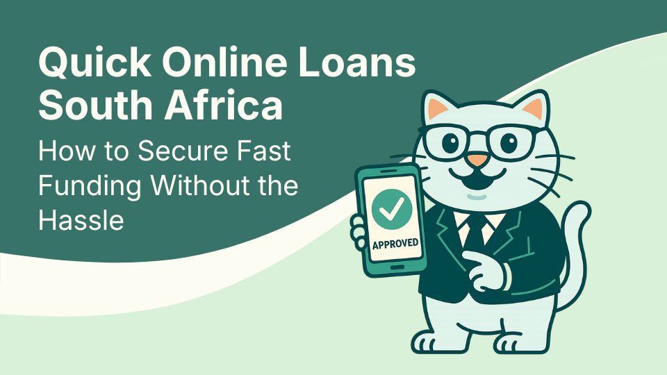 Flat vector illustration of cat holding a phone with an approved tick in south africa.