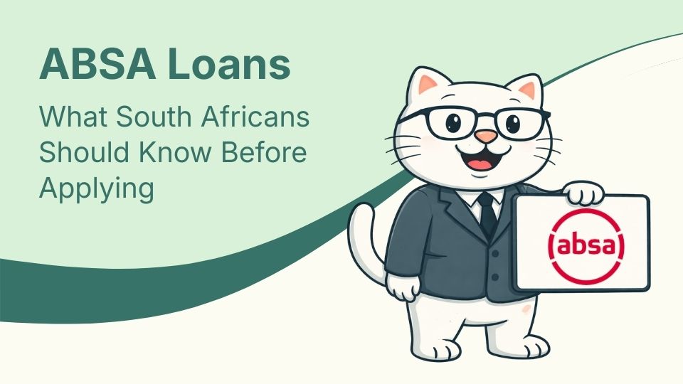Flat vector illustration of cat holding a sign for absa bank loans in south africa.