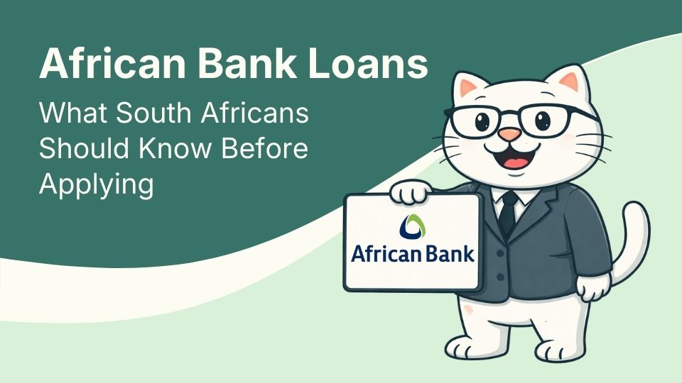 Flat vector illustration of cat holding a sign for african bank loans in south africa.