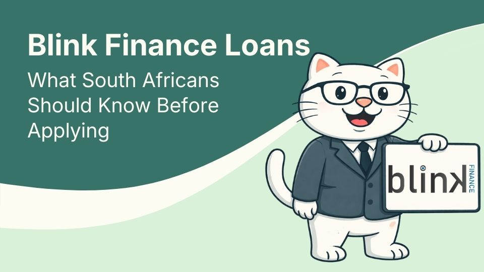 Flat vector illustration of cat holding a sign for blink finance loans in south africa.