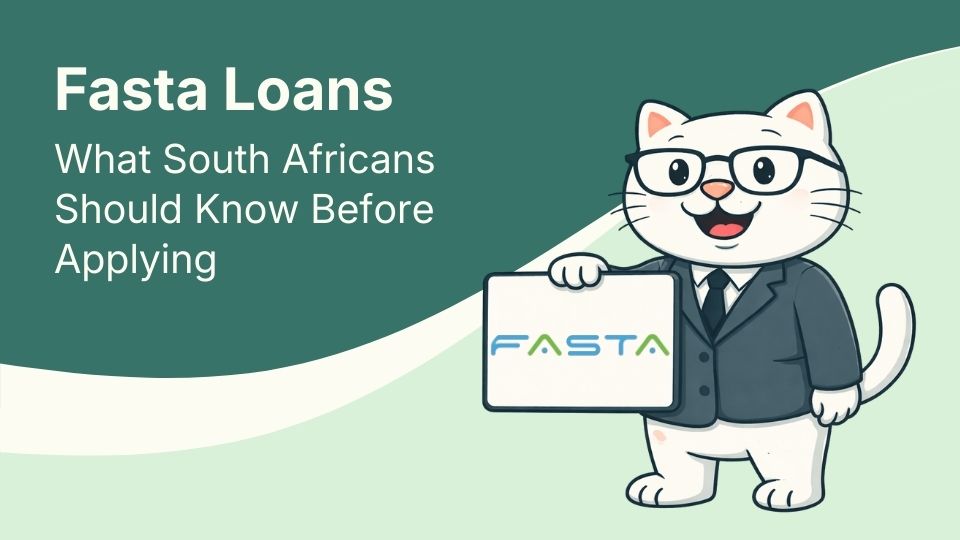 Flat vector illustration of cat holding a sign for fasta loans in south africa.