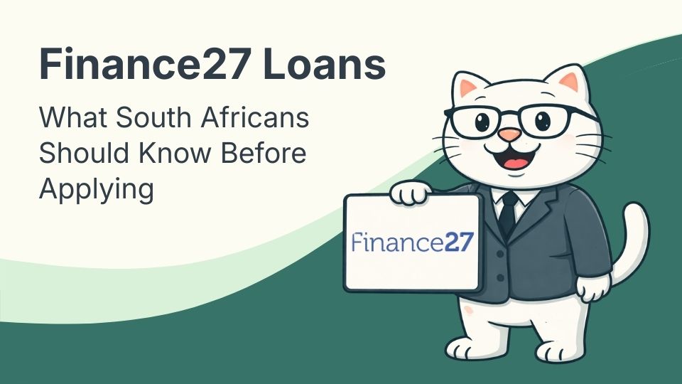 Flat vector illustration of cat holding a sign for finance27 loans in south africa.