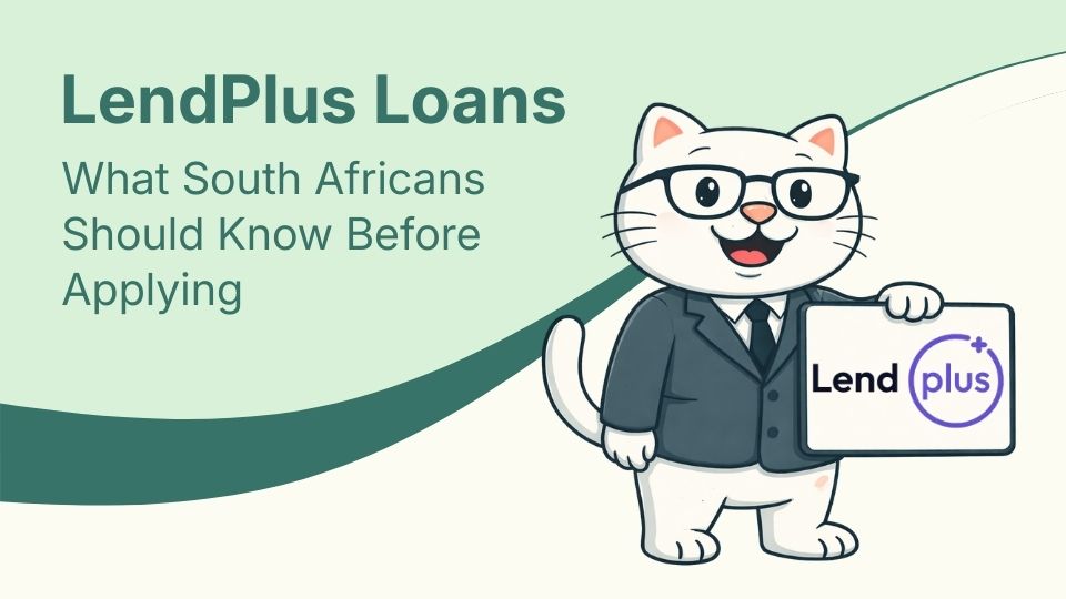 Flat vector illustration of cat holding a sign for lendplus loans in south africa.