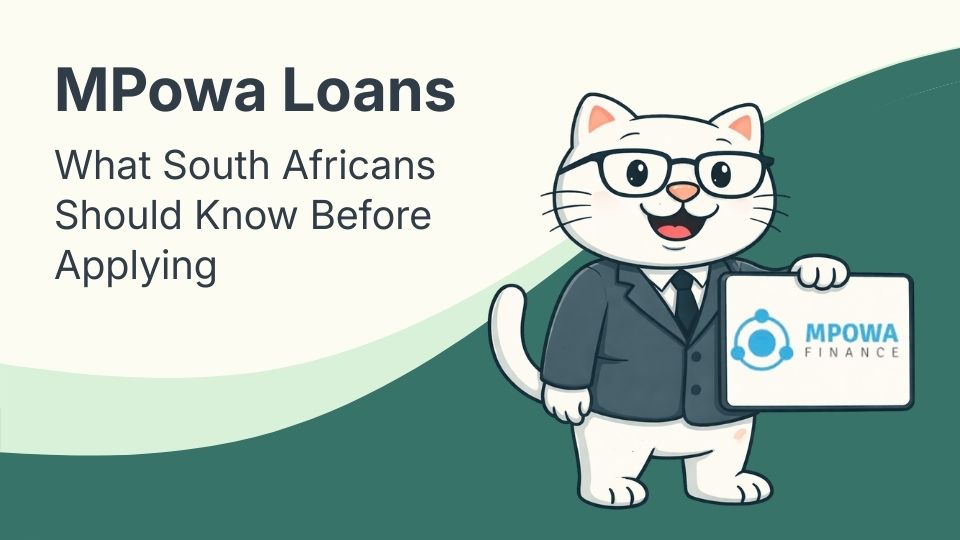 Flat vector illustration of cat holding a sign for mpowa loans in south africa.