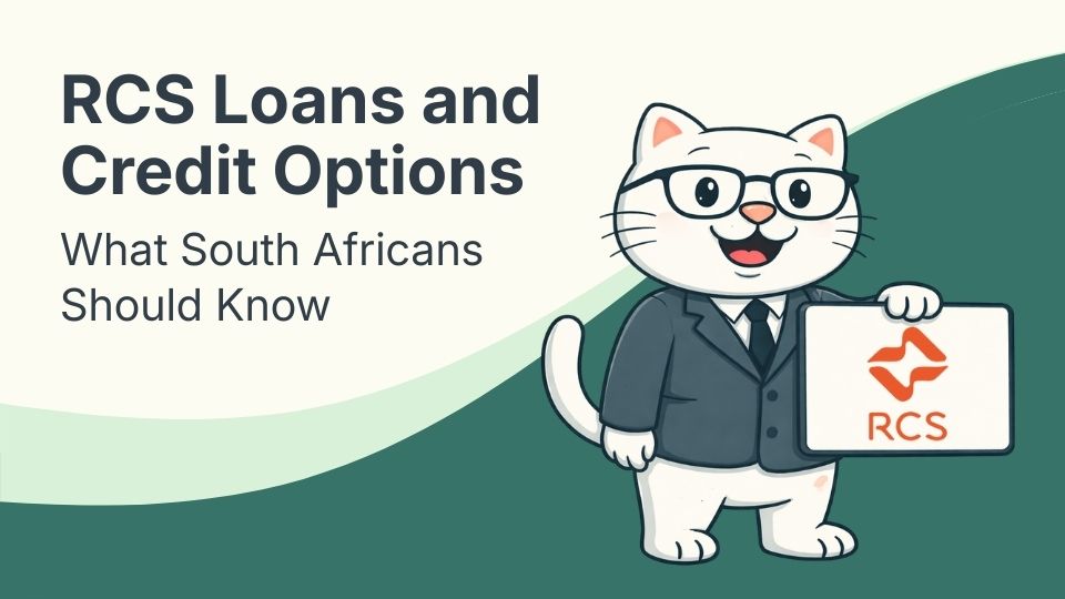 Flat vector illustration of cat holding a sign for rcs loans in south africa.