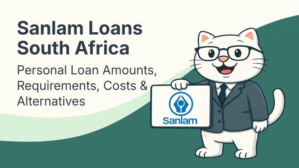 Flat vector illustration of cat holding a sign for sanlam loans in south africa.