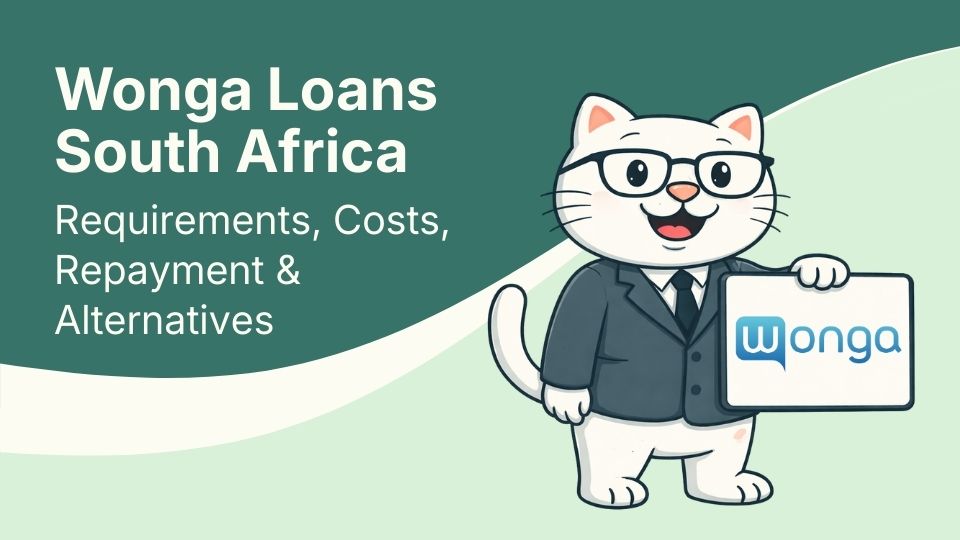 Flat vector illustration of cat holding a sign for wonga loans in south africa.