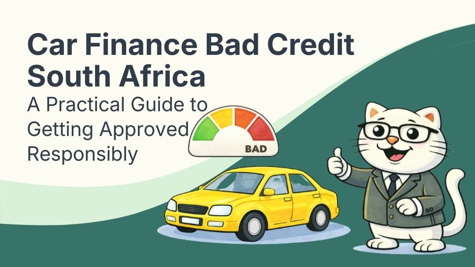 Flat vector illustration of a cat needing car finance with bad credit in south africa.